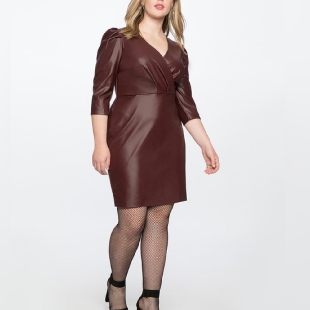 Eloquii Faux Leather Wrap Mini Dress in Wine
